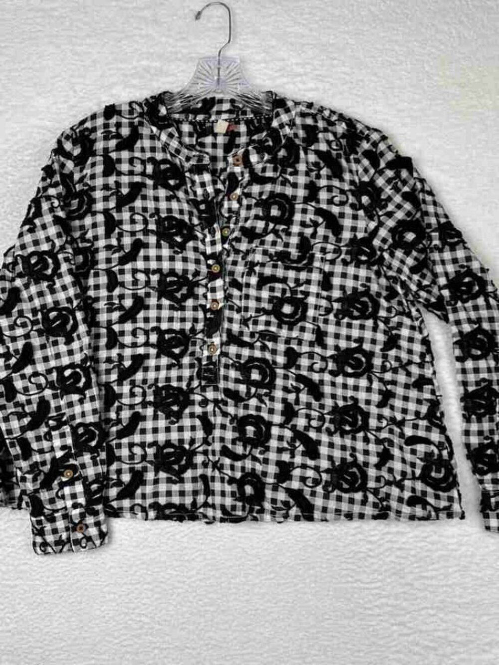 Black White Gingham Floral Embroidered Long Sleeve Blouse